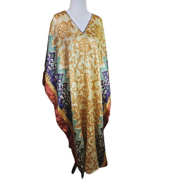 Vintage Silky Satin Polyester 70s Kaftan Print Gold Boho - Picture 4 of 5